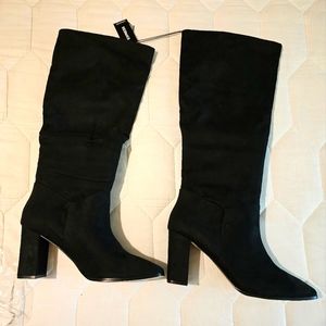 Express Black Knee High Faux Suede Block Heeled Boots Size 10